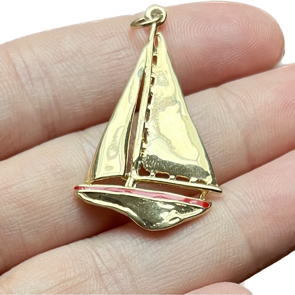 14K SOLID GOLD Nautical Schooner Pendant.
